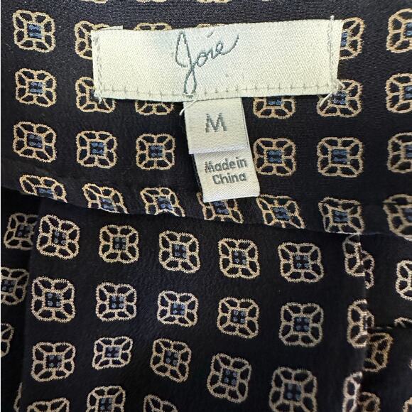 Joie Black and Tan Geometric Print Silk Split Neck Long Sleeve Blouse Size M - Picture 4 of 8